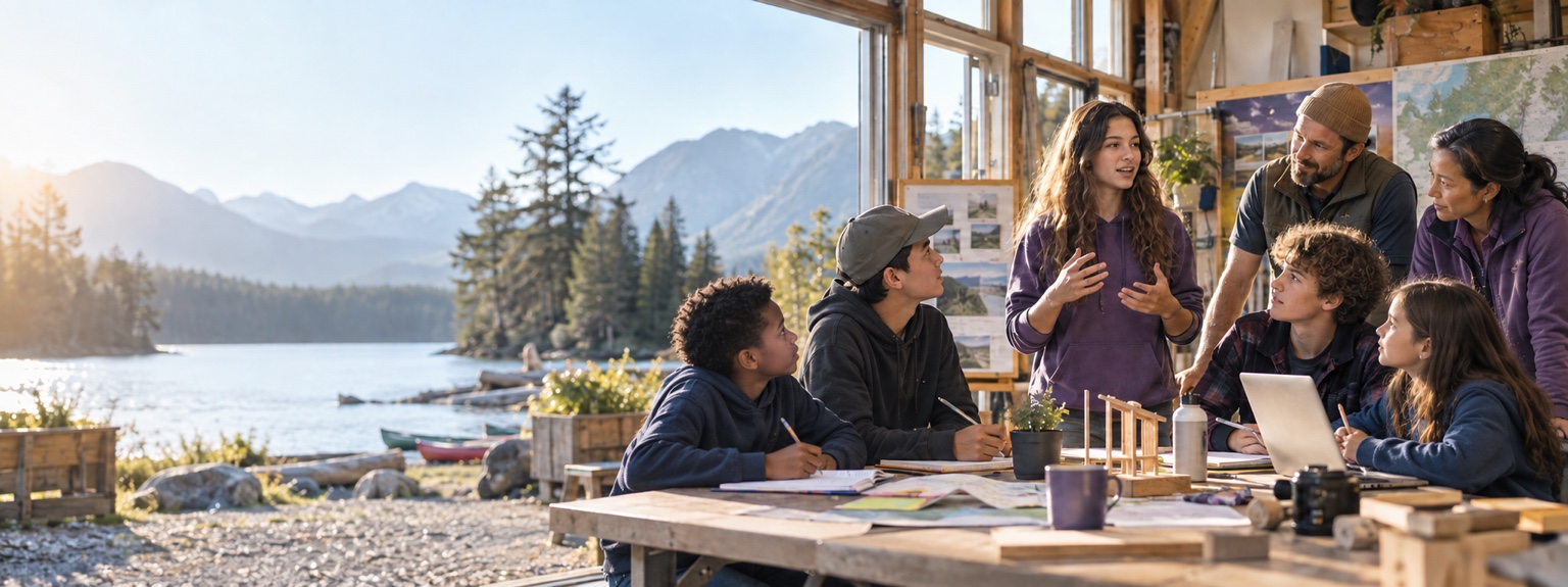 Young people learning with mentors beside a mountain lake